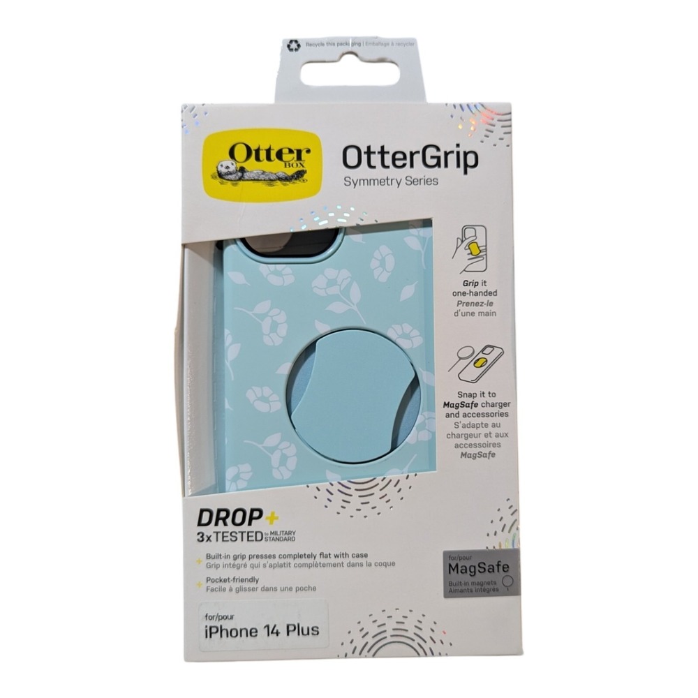 Q4. OtterBox OtterGrip Symmetry Case for Apple iPhone 14 Plus - Blue Flower